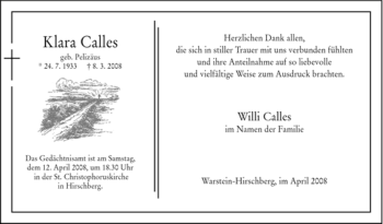 Traueranzeige von Klara Calles von Tageszeitung