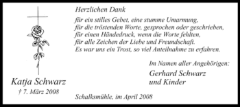 Traueranzeige von Katja Schwarz von Tageszeitung