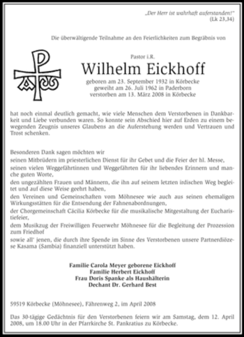 Traueranzeige von Wilhelm Eickhoff von Tageszeitung