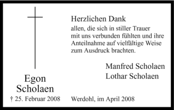 Traueranzeige von Egon Scholaen von Tageszeitung