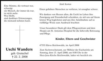 Traueranzeige von Uschi Wanders von Tageszeitung