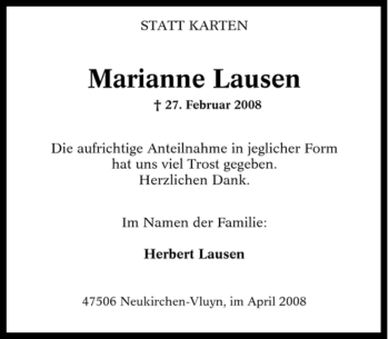 Traueranzeige von Marianne Lausen von Tageszeitung