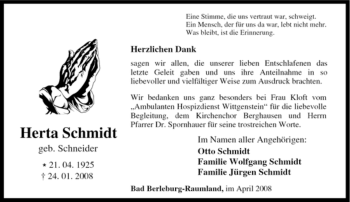 Traueranzeige von Herta Schmidt von Tageszeitung