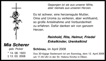 Traueranzeige von Mia Scherer von Tageszeitung
