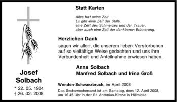 Traueranzeige von Josef Solbach von Tageszeitung