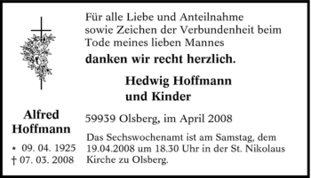 Traueranzeige von Alfred Hoffmann von Tageszeitung