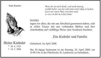 Traueranzeige von Heinz Kiehsler von Tageszeitung