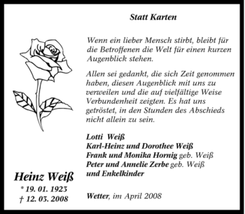 Traueranzeige von Heinz Weiß von Tageszeitung