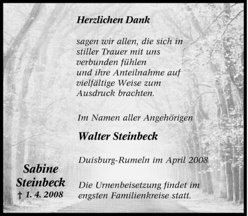  Traueranzeige für Sabine Steinbeck vom 11.04.2008 aus Tageszeitung