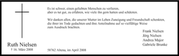 Traueranzeige von Ruth Nielsen von Tageszeitung
