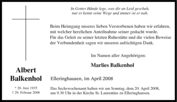 Traueranzeige von Albert Balkenhol von Tageszeitung