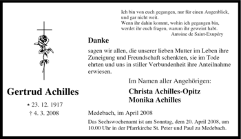 Traueranzeige von Gertrud Achilles von Tageszeitung