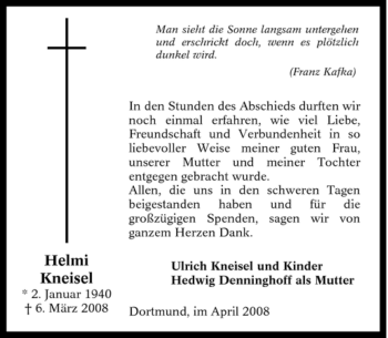 Traueranzeige von Helmi Kneisel von Tageszeitung