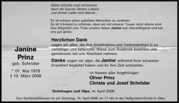 Traueranzeige von Janine Prinz von Tageszeitung