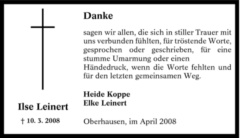  Traueranzeige für Ilse Leinert vom 12.04.2008 aus Tageszeitung