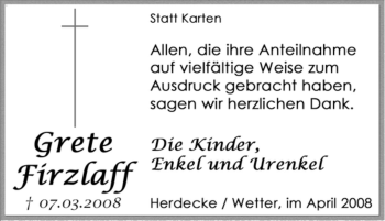Traueranzeige von Grete Firzlaff von Tageszeitung