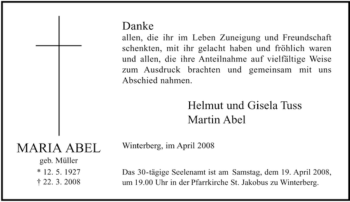 Traueranzeige von Maria Abel von Tageszeitung