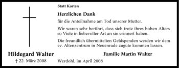 Traueranzeige von Hildegard Walter von Tageszeitung