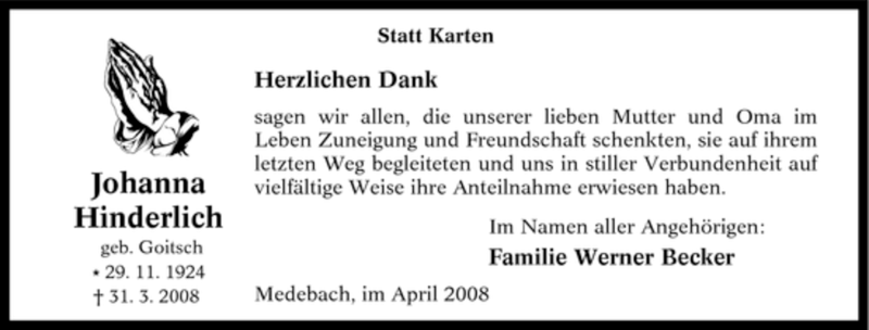  Traueranzeige für Johanna Hinderlich vom 12.04.2008 aus Tageszeitung