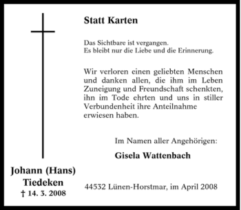Traueranzeige von Johann Tiedeken von Tageszeitung