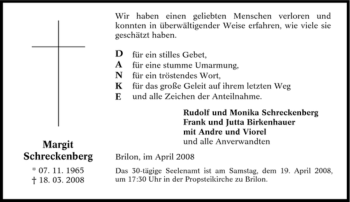 Traueranzeige von Margit Schreckenberg von Tageszeitung