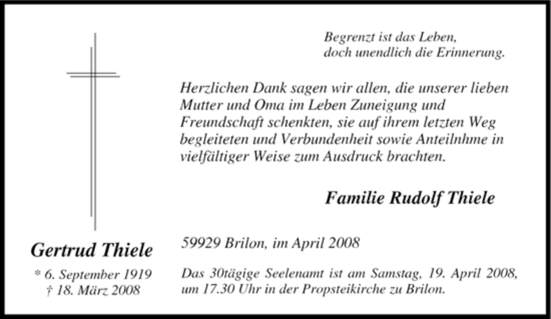  Traueranzeige für Gertrud Thiele vom 12.04.2008 aus Tageszeitung