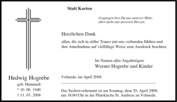 Traueranzeige von Hedwig Hogrebe von Tageszeitung