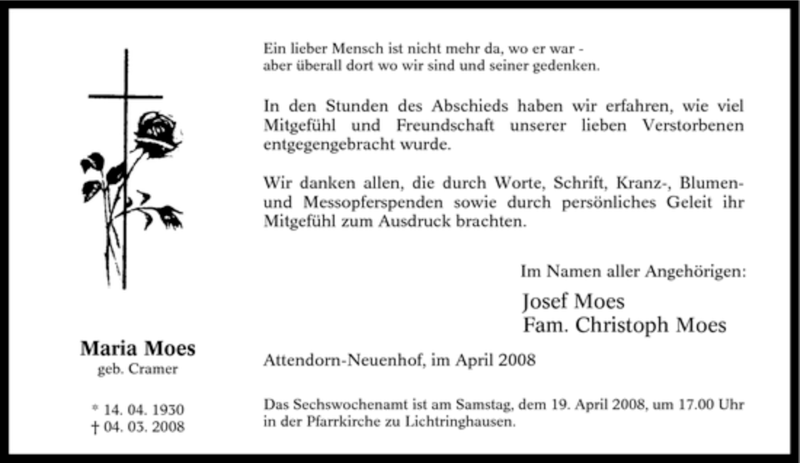  Traueranzeige für Maria Moes vom 14.04.2008 aus Tageszeitung
