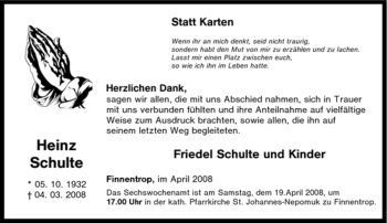 Traueranzeige von Heinz Schulte von Tageszeitung
