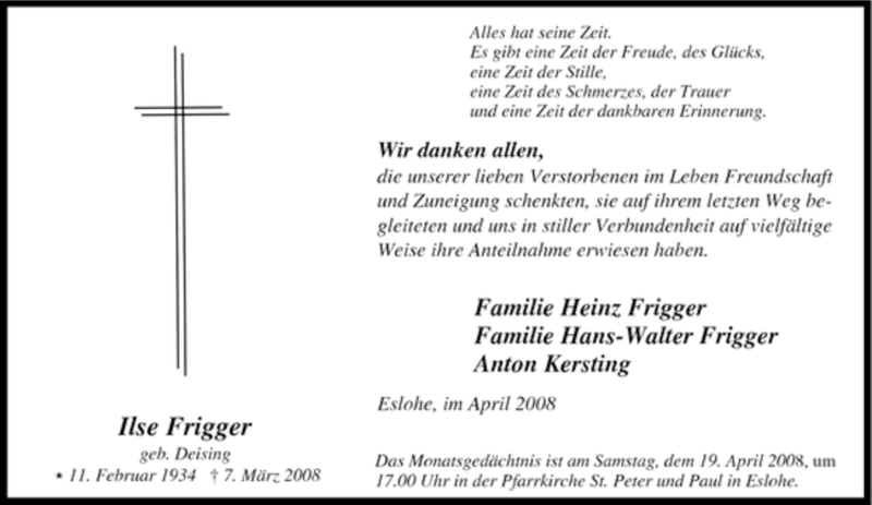  Traueranzeige für Ilse Frigger vom 14.04.2008 aus Tageszeitung