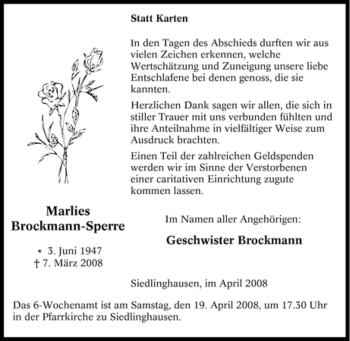 Traueranzeige von Marlies Brockmann-Sperre von Tageszeitung