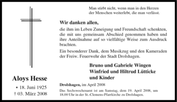 Traueranzeige von Aloys Hesse von Tageszeitung