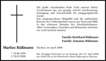 Traueranzeige von Marlies Rüßmann von Tageszeitung