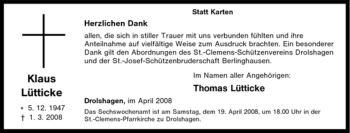 Traueranzeige von Klaus Lütticke von Tageszeitung