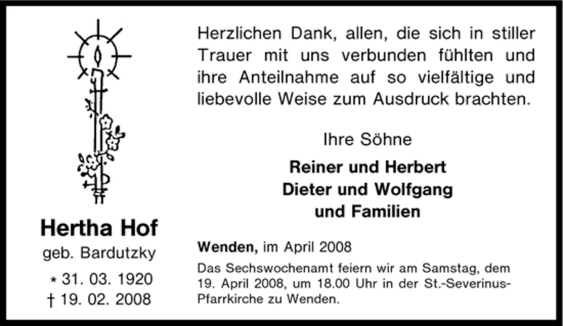  Traueranzeige für Hertha Hof vom 16.04.2008 aus Tageszeitung