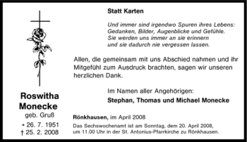 Traueranzeige von Roswitha Monecke von Tageszeitung