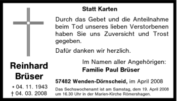 Traueranzeige von Reinhard Brüser von Tageszeitung