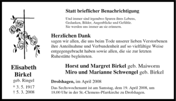 Traueranzeige von Elisabeth Birkel von Tageszeitung