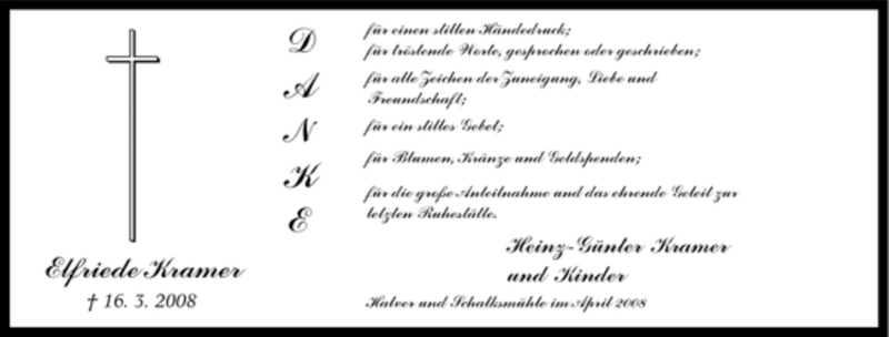  Traueranzeige für Elfriede Kramer vom 16.04.2008 aus Tageszeitung