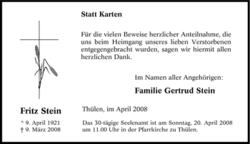 Traueranzeige von Fritz Stein von Tageszeitung