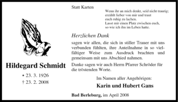 Traueranzeige von Hildegard Schmidt von Tageszeitung