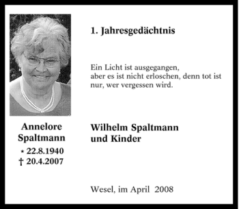 Traueranzeige von Annelore Spaltmann von Tageszeitung