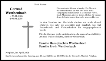 Traueranzeige von Gertrud Werthenbach von Tageszeitung