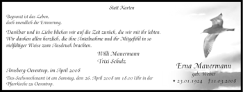 Traueranzeige von Erna Mauermann von Tageszeitung