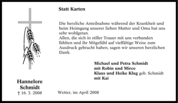 Traueranzeige von Hannelore Schmidt von Tageszeitung