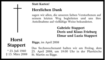 Traueranzeige von Horst Stappert von Tageszeitung