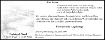 Traueranzeige von Christoph Sand von Tageszeitung