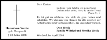 Traueranzeige von Hannelore Weiße von Tageszeitung