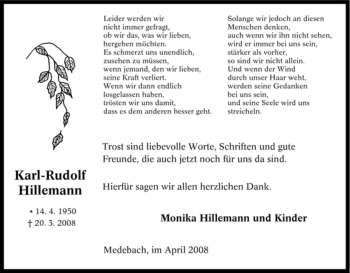 Traueranzeige von Karl-Rudolf Hillemann von Tageszeitung