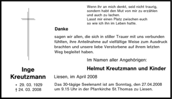 Traueranzeige von Inge Kreutzmann von Tageszeitung